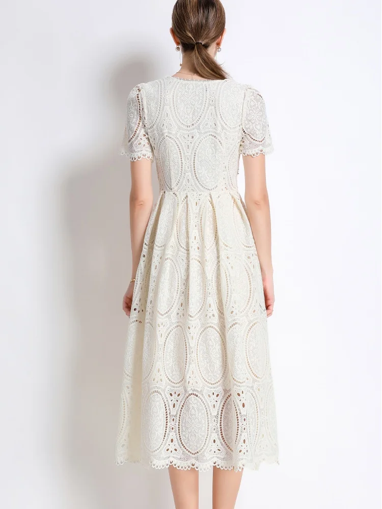 SMTHMA Elegant Fashion Lace Hollow Out Beaded High End Runway Dress With  Belt Women's O-Neck Short Sleeve Summer Dresses - AliExpress 200000345