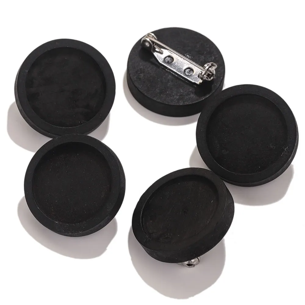 10pcs/lot Blank Wood Black Cabochon Brooch Base Settings 20 25 30 40mm Round Bezel Tray Diy Brooches Pin for Jewelry Making