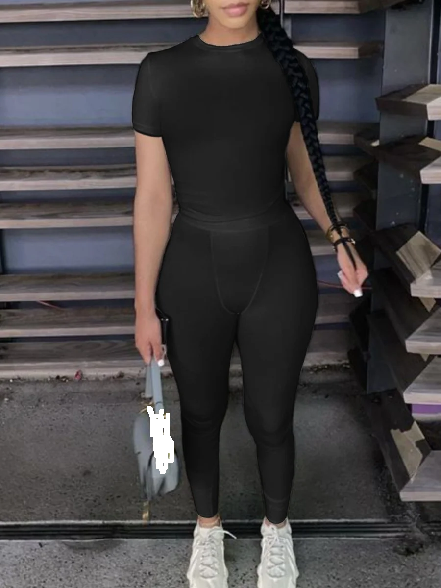 

Однотонный комплект из двух предметов LW, эластичная Повседневная футболка с коротким рукавом и круглым вырезом + облегающие спортивные брюки для фитнеса, подходящие костюмы