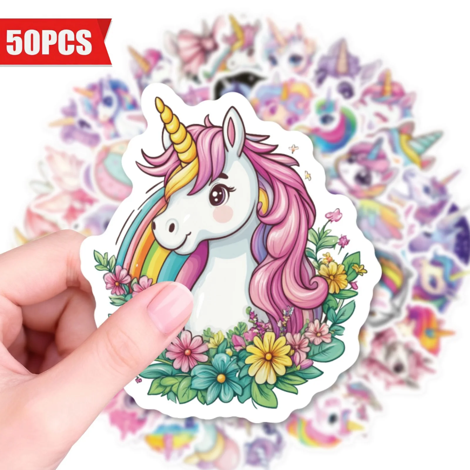 50 Stück Niedliche Regenbogen-Einhorn-Aufkleber Wasserfeste Vinyl-Sticker für Geburtstagspartys Cartoon-Aufkleber als Geschenk für Mädchen – Detail 4