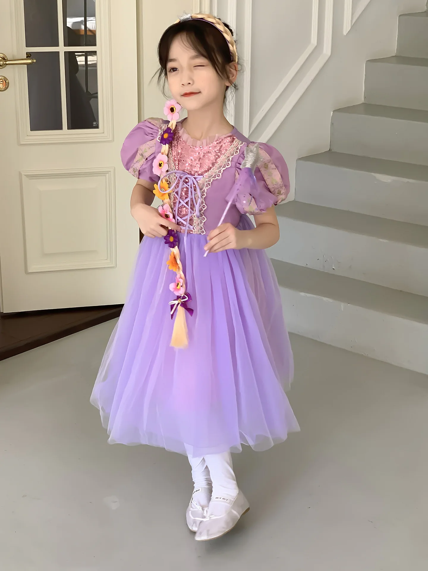 Cartoon hair Sophia Cosplay Long Hair Princess Dreamy Dress Costume Halloween Kid Girl