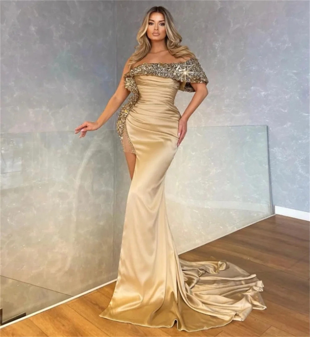 Simple Women Prom Dresses Sweethear Neck Off-Shoulder Long Sleeves Lace Appliques A-Line Floor-Length Side Split Evening Dress