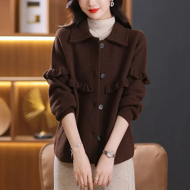 Autumn Winter Casual Thicken Jacket 2024 New Single-Breasted Lapel Women's Clothes Coat Solid Colour Fashion Loose Coat Female