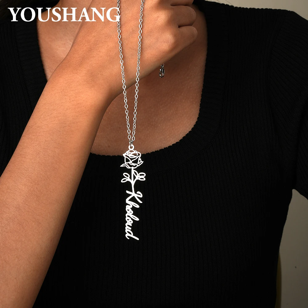 

YOUSHANG Customized Flower-Shaped Name Necklace Personalized Rose Pendant Stainless Steel Jewelry Couple's festival Gift