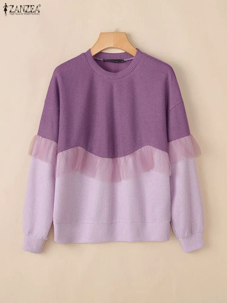Zanzea moda coreana moletom feminino outono aconchegante gota-ombro manga malha retalhos contraste-cor pullovers roupas femininas