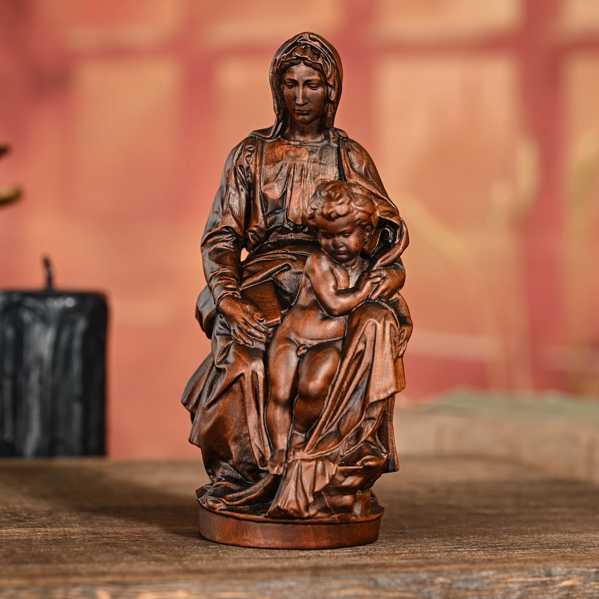 Cross-border solid wood carving crafts ornaments Bruges Our Lady and YS round sculpture statue sacred ornaments