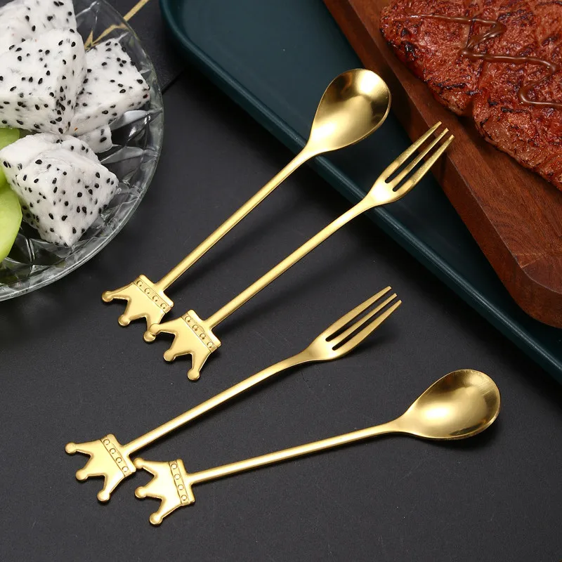 

Golden Crown Stainless Steel Tea Spoon Creative Mini Coffee Stirring Desserts Teaspoon Fork Beautiful Tableware Kitchen Utensils