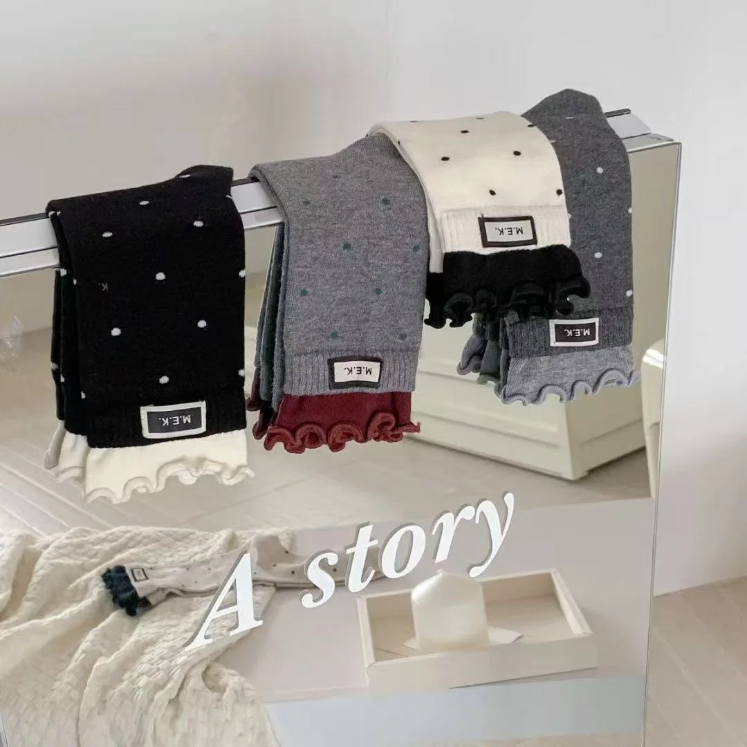 1-10Pairs Retro Polka Dot Lace Mid Calf Socks for Women Japanese Style Solid Color Vintage Crew Socks All Seasons Fall Winter