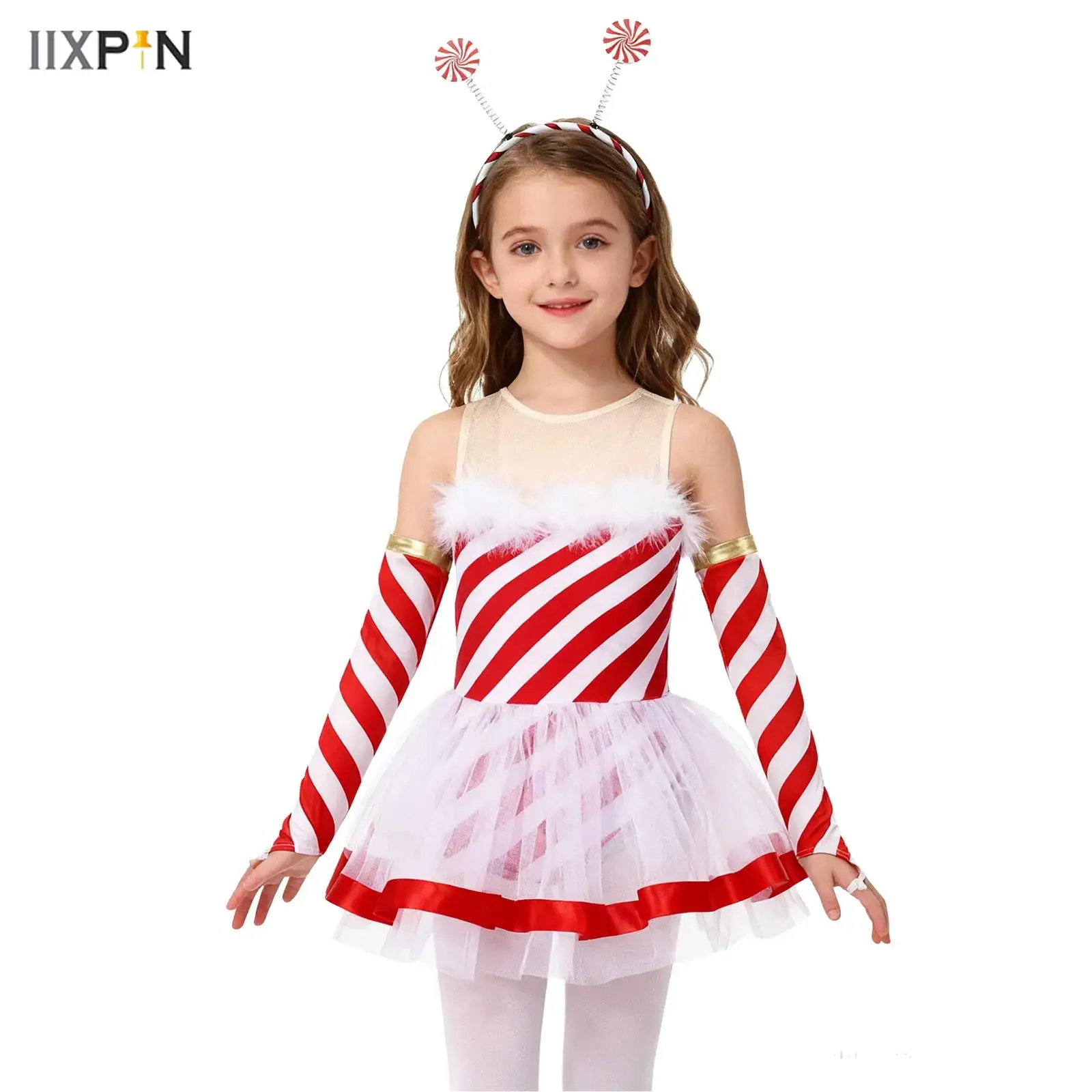 

Girls Christmas Dress Sleeveless Stripe Tutu Leotard Dress with Oversleeves and Hair Hoop Headband for Festival Carnival Party