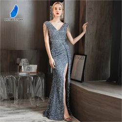 DEERVEADO Sexy Deep V Neck Sequins Evening Dress Long Mermaid Formal Party Dresses Women Bodycon Maxi Dress Evening Gown