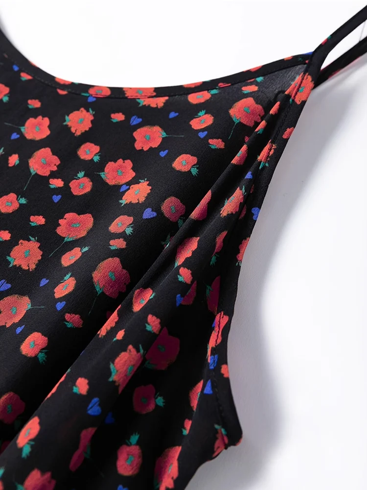 SuyaDream, vestido largo de mujer, tirantes finos 100% de seda auténtica, corte en A, vestidos con estampado floral, ropa de primavera verano 2025, negro