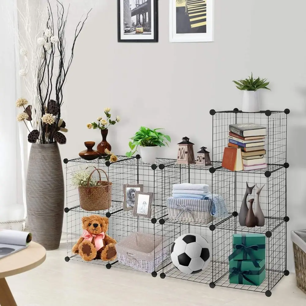 

12-Cube Metal Wire Storage Cubes, 14" x14" Large Size Panel Wire Cube Storage Organizer, Customizable Metal Rack Bookcase DIY St