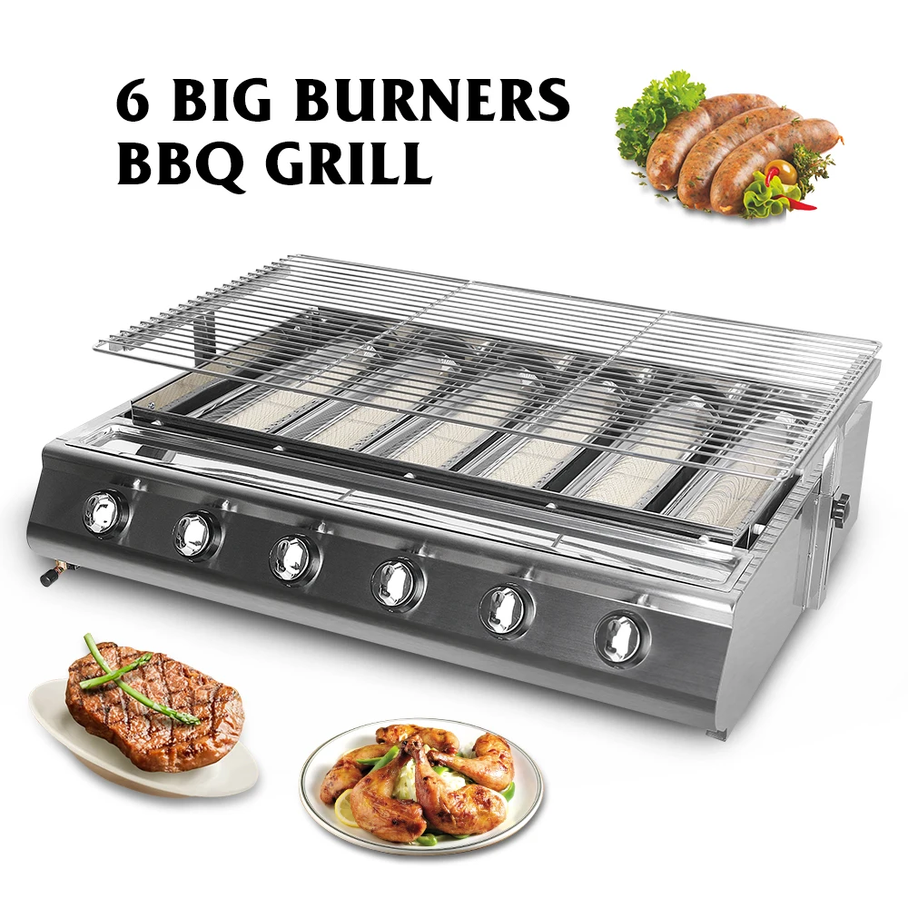 

6 Large Burners BBQ Grill S/S Smokeless LPG Barbecue Grill Infrared Ceramic Burner Steel or Glass Covers 790*455MM Baking Net