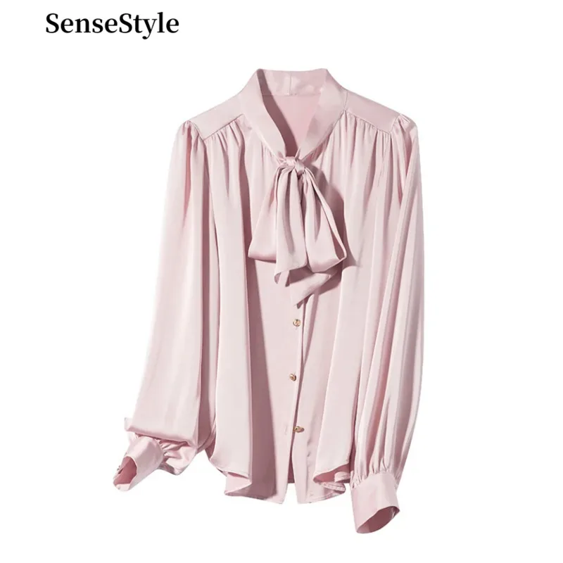 Spring Satin Bow Ribbon Blouses Women Stand Collar Single Breasted Loose Elegant Shirts Tops