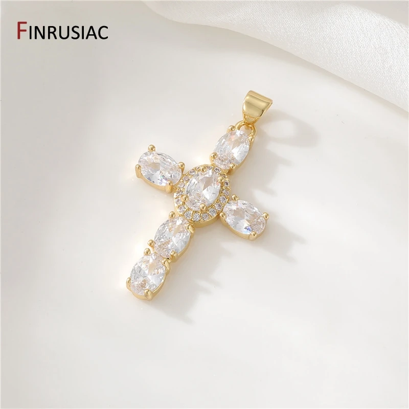 FINRUSIAC High Quality 14K Gold Plated Zircon Cross Pendant Charms For Necklace Making Supplies DIY Jewelry Findings