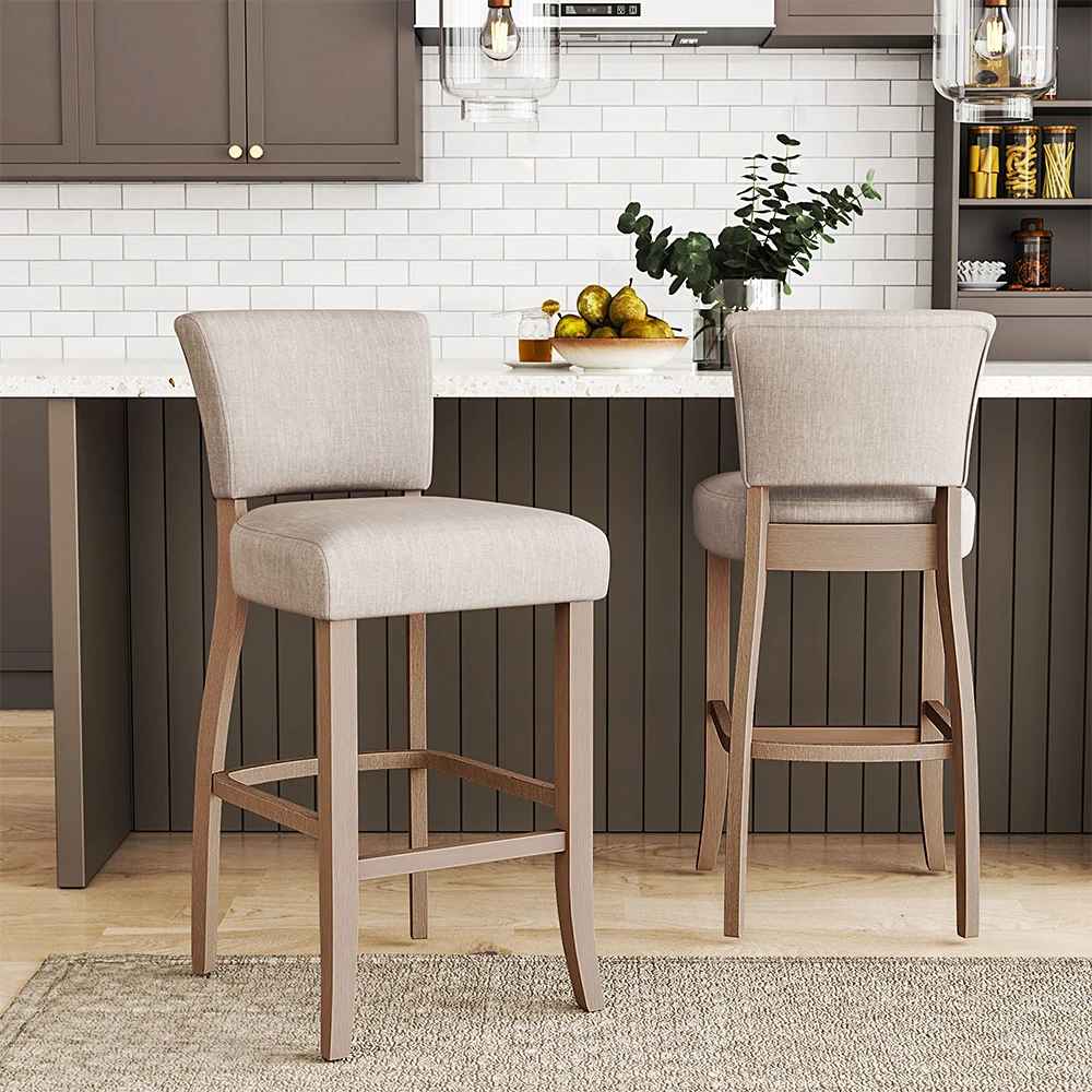 

Customizable Set of 2 Height Linen Bar Stool for Kitchen, Beige