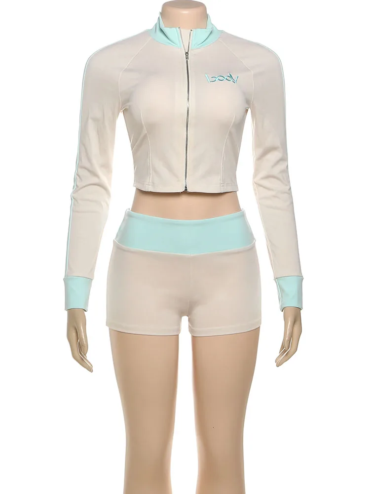 Nibber التطريز إلكتروني المرقعة المرأة 2 قطعة مجموعة البريدي المحاصيل سترة + شورت صغير تمتد عادية الشارع رياضي محب وتتسابق