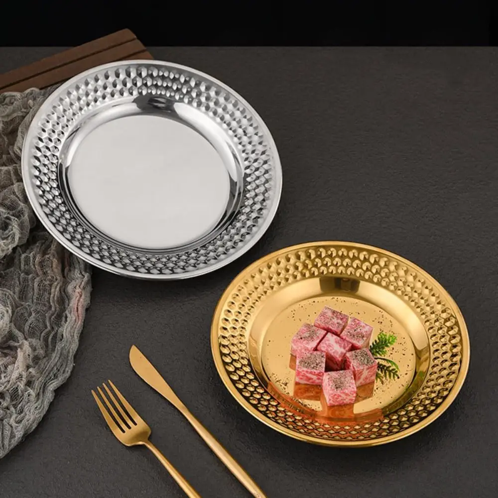 

Stainless Stee Dinner Plate Korean Creative Portable Dessert Snack Dish Round Thickened Fruit Plate Kitchen Accessories