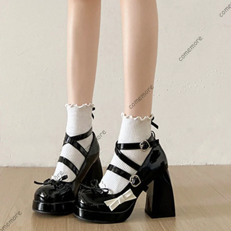

Comemore, черные туфли на высоком каблуке, женские туфли-лодочки в стиле Лолиты на платформе, модные женские туфли на каблуке с мелкой поперечной пряжкой и узлом-бабочкой