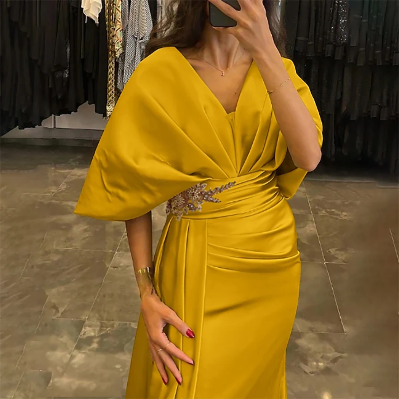 Gold Long Saudi Arabic Evening Dresses Beads V Neck Half Sleeve Prom Dress Side Split Formal Occasion Customized