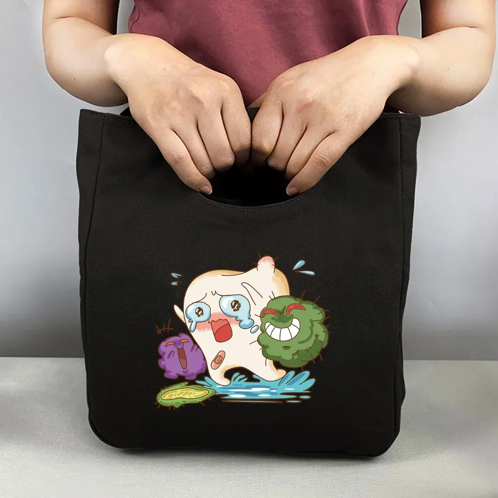 Thermal Lunch Bag for Travel Picnic Food Storage Heat Insulated Bento Box Teeth Print Organizer for Kids and Women HandleBags