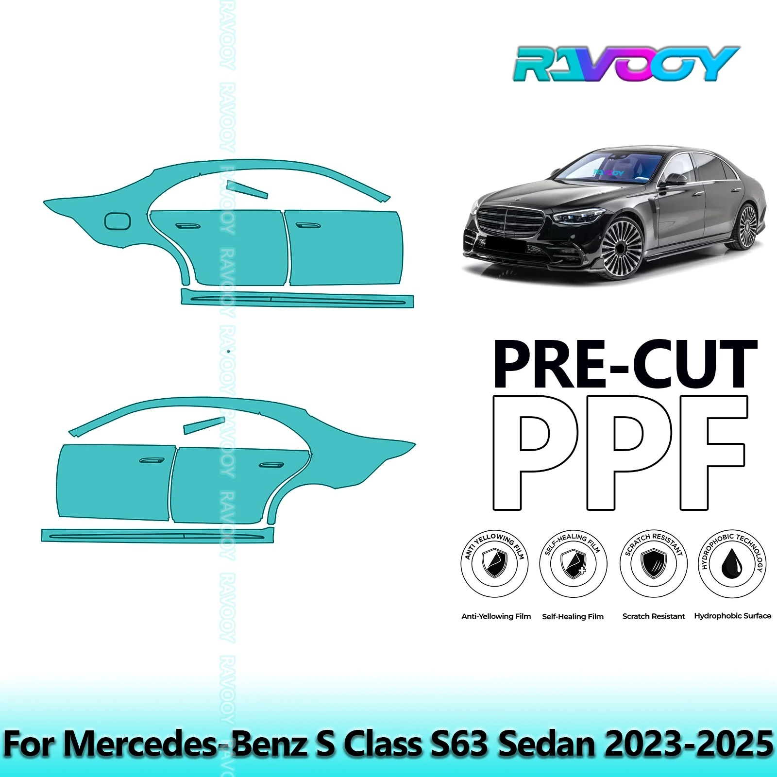 

For Mercedes-Benz S Class S63 Sedan 2023-2025 8.5mil Clear Matte Pre-Cut PPF Door & A/B Pillar Kit TPU Paint Protection Film Set