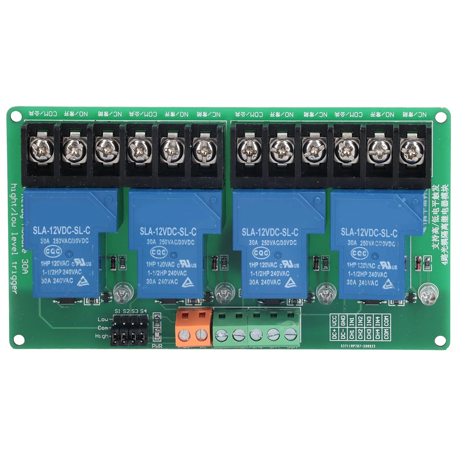 Relay Module 4 Channel 30A High Low Level Current Relay Module with Isolation Optocoupleur12V
