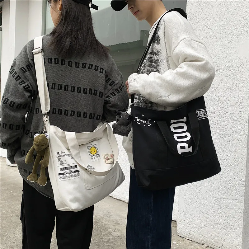 

Large Capaci Canvas Bookbag Trendy ex Crossbody Bag Simple Bla White Korean Sle Student Bapa Casual oulder Bag