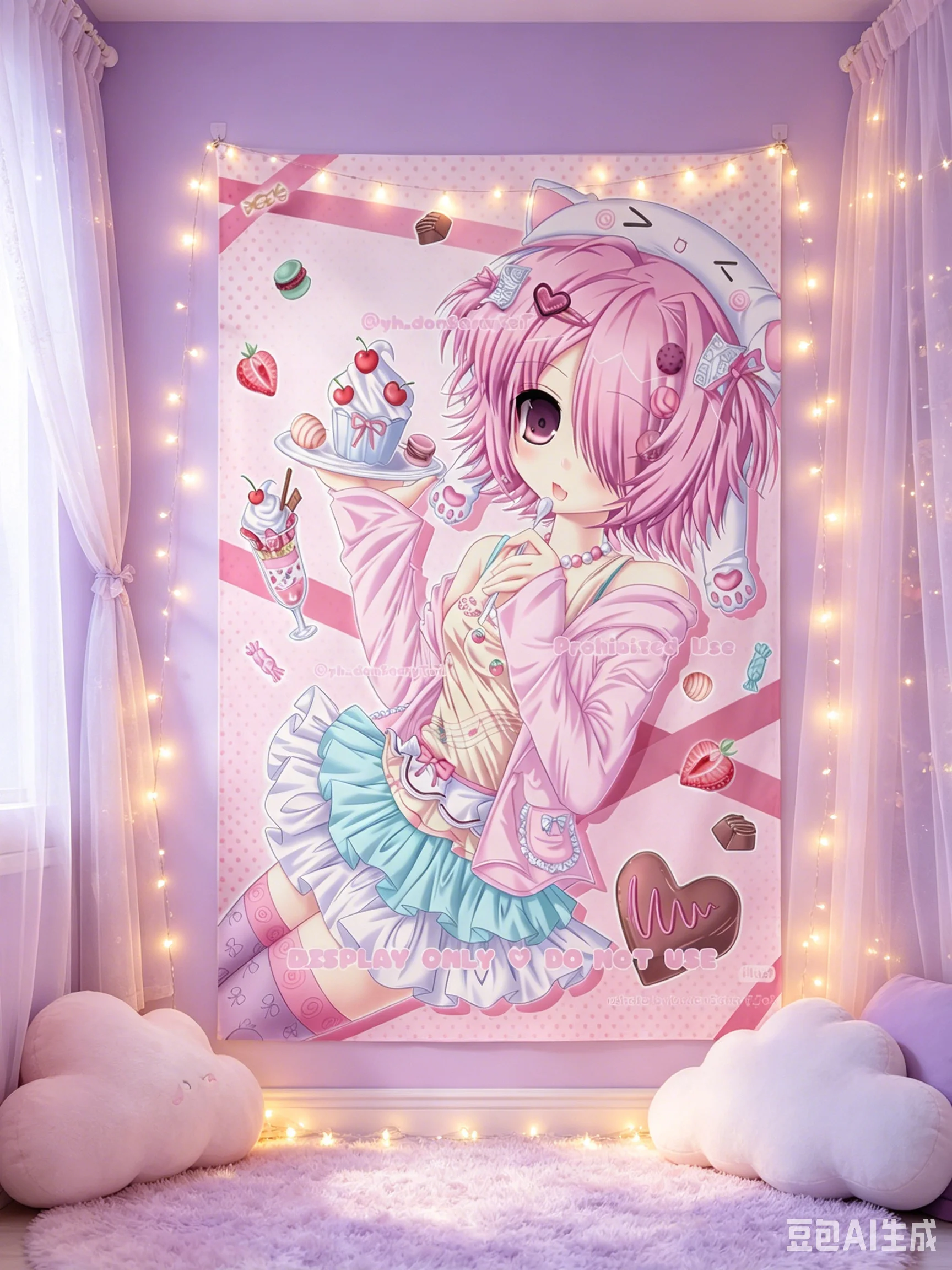 Rosa Haar Katzenohren Süßes Dessert Anime Mädchen Wandteppich Kawaii Pastell Mädchen Schlafzimmer Wandbehang – Detail 2