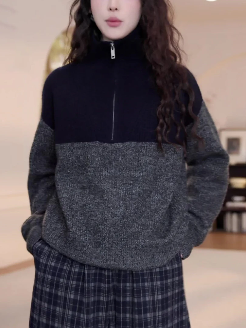 Lazy and high-grade semi-zipper contrast cashmere sweater women's loose sweater in spring, autumn and winter