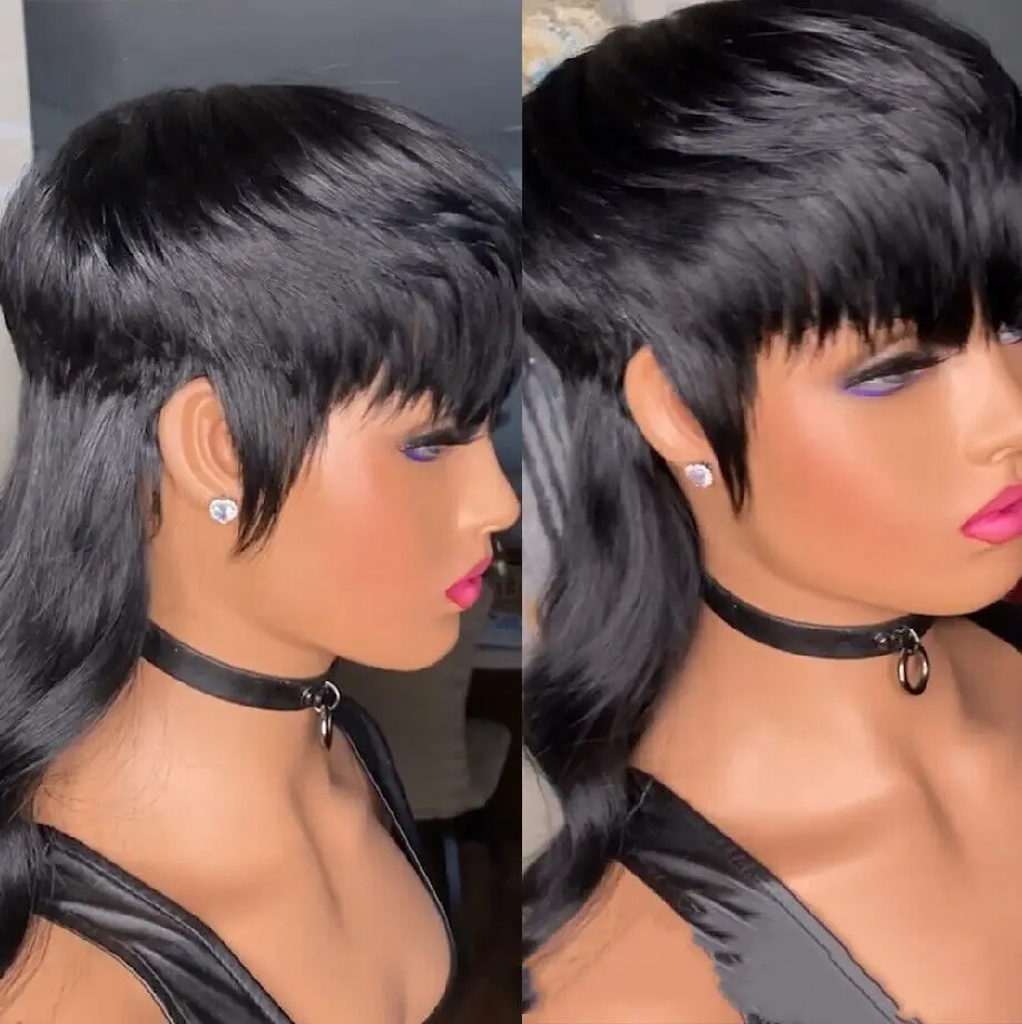 

Women Machine Made With Bangs Mullet Wave Glueless Black Hair Wigs Natural