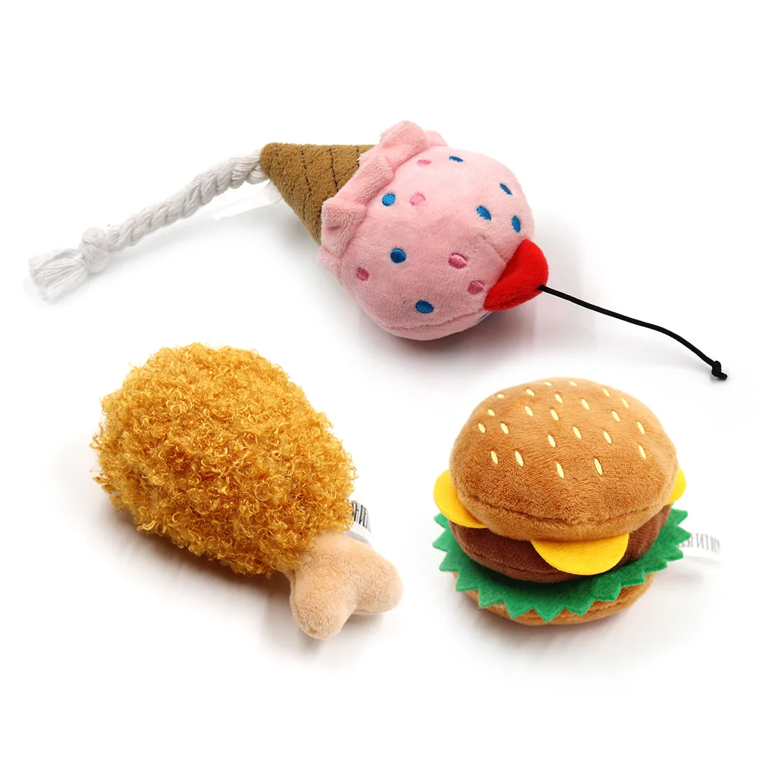 Fast Food Plush Squeaky Dog Toys, Hamburger Fries Cake Hot Dog Ice Cream Chicken Leg Squeaky Pet Chew Toy, Soft Stuffed Interactive Puppy Toy for Boredom Relief, Small Medium Dogs & Cats