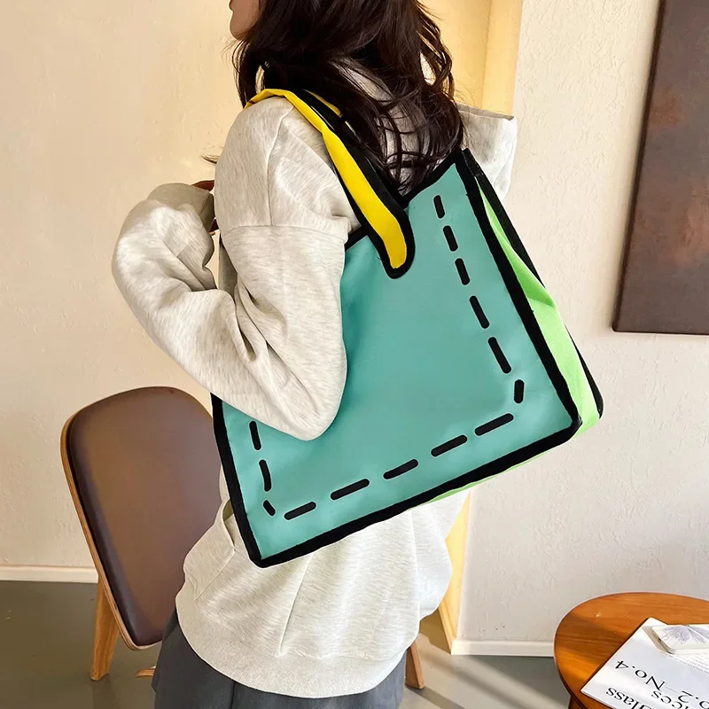 New Trendy Customized 3D 2D Carton Bag Reusable Shopping Cute Canvas Tote Bags For Students