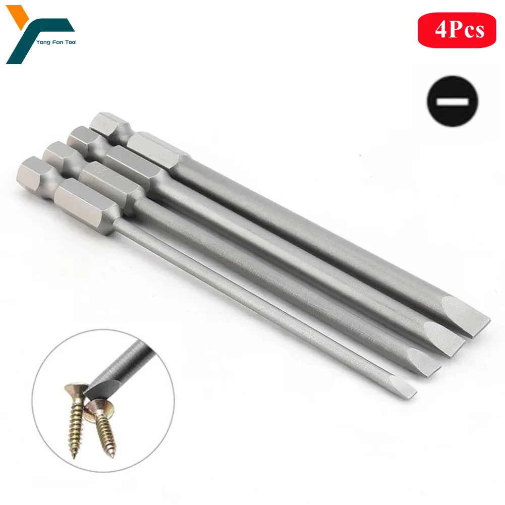 4Pcs 100mm Slotted Screwdriver Bit 1/4\'\' Hex Shank Flat Head Wind Driver Drill Wrench Magnetic Socket SL3.0 SL4.0 SL5.0 SL6.0