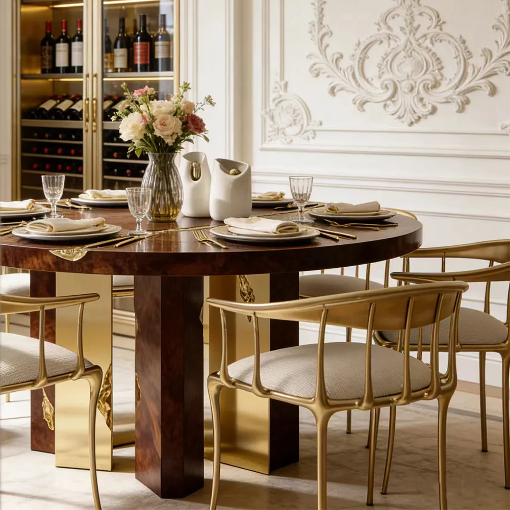 S*-Modern Luxury Round Dining Table Solid Wood Stainless Steel Design for Restaurant High End Furniture