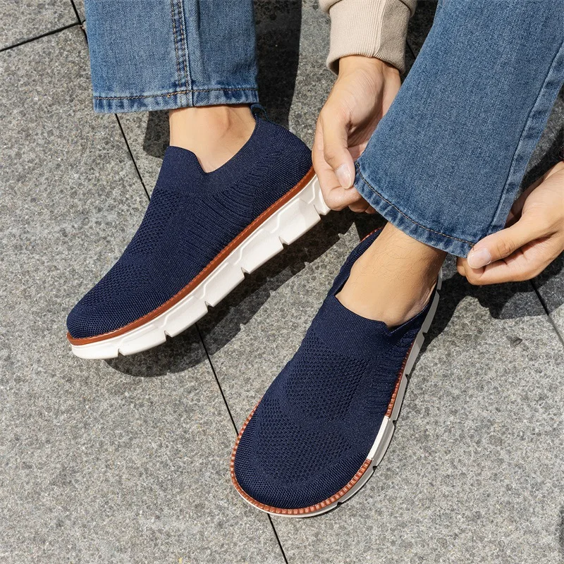 Breathable Knitted Men's Walking Shoes British Style Mesh Loafers Soft Platform Casual Shoes Big Size 39-48 Outdoor Footwear