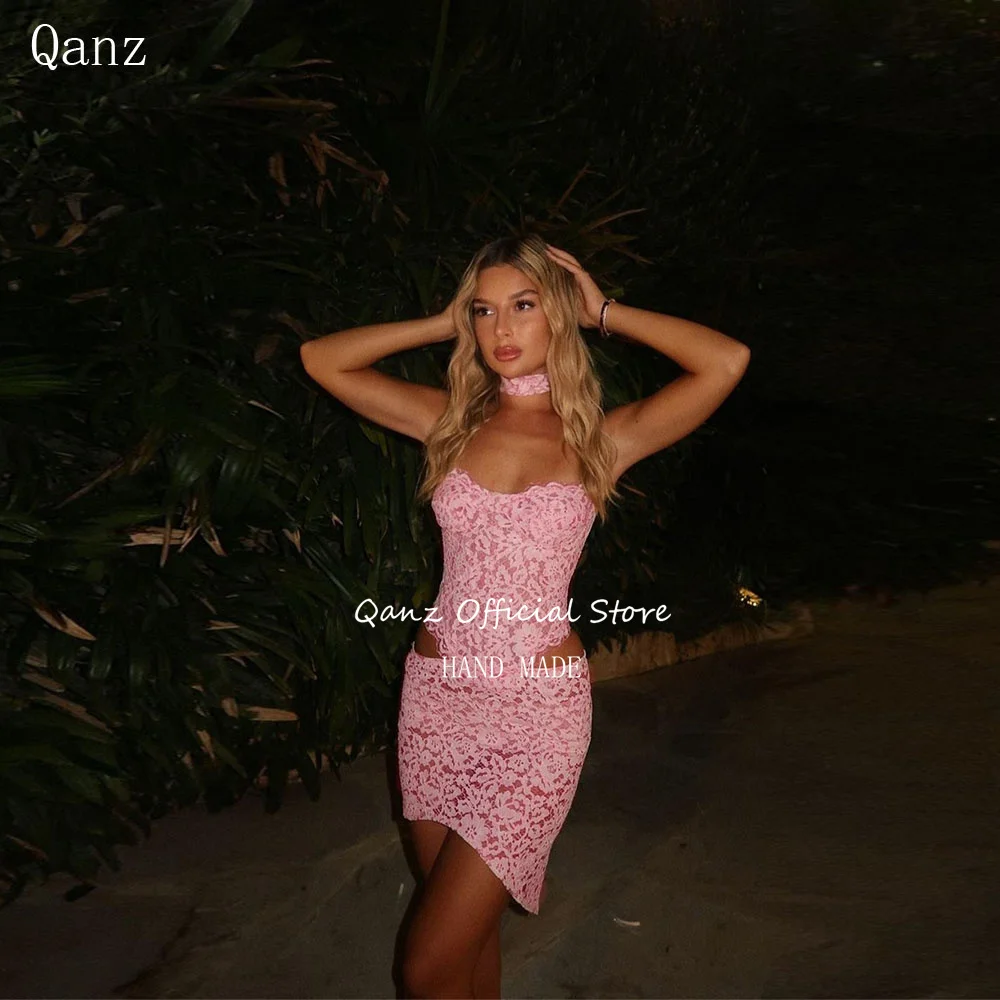 

Qanz 2-piece Set Full Lace Prom Dresses Sexy Mini Pink Corset And Skirt Vestidos Para Eventos Especiales Party Gowns Customized