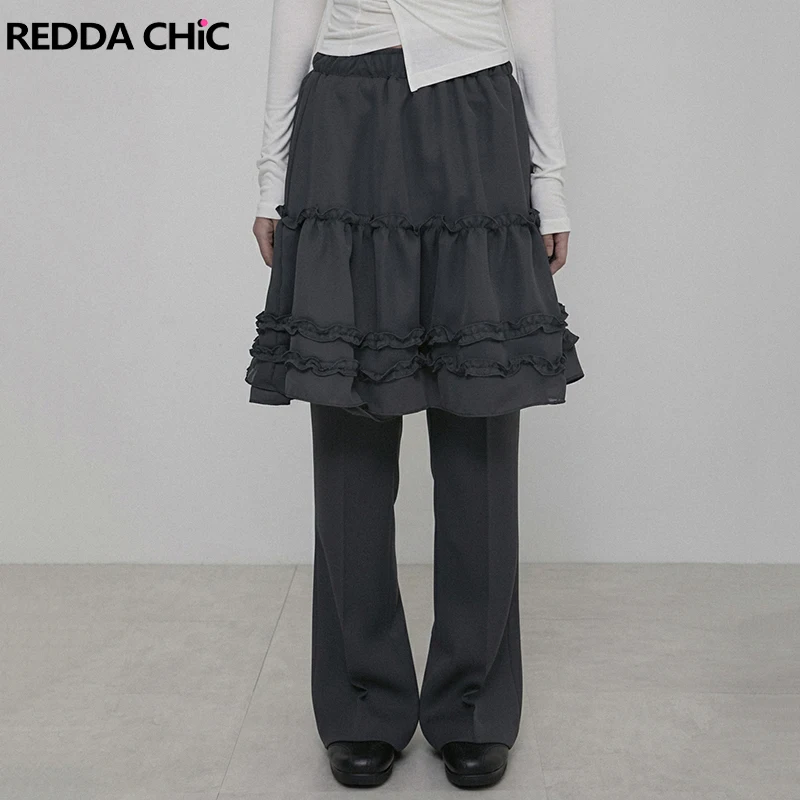 

REDDACHiC Layered Skirt Women Suit Trousers Grunge Korean Gray Solid Cleanfit Frill Trim Wide Leg Dress Pants Vintage Streetwear