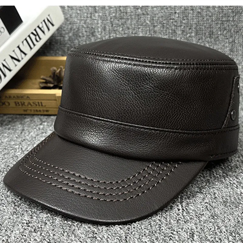 

Snapback Cap New Autumn Winter Men's Natural Genuine Leather Cap Military Hats Suede Sheepskin Leather Warm Flat Caps For Men