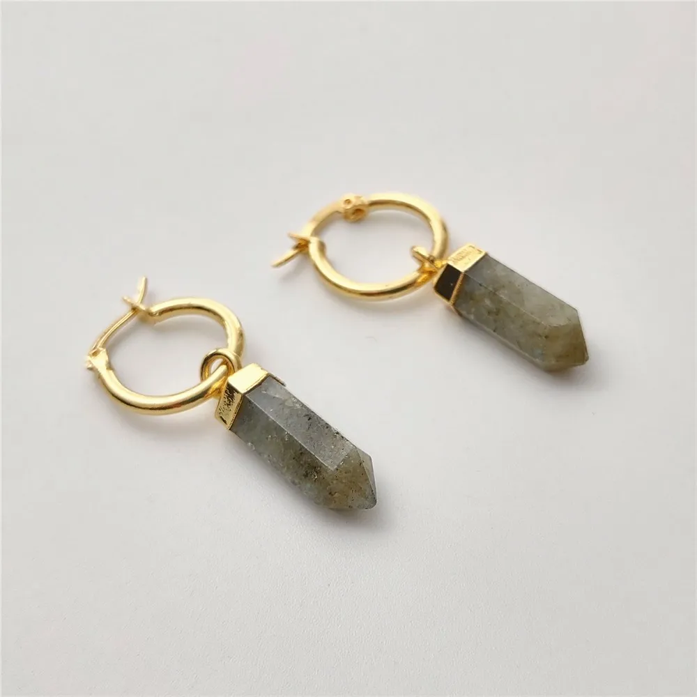 FUWO Wholesale Natural Labradorite Point Earrings,Golden Plated Handmade Bullet Shape Quartz Jewelry For Women 5Pairs/Lot ER122