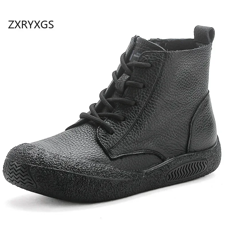 ZXRYXGS 2024 Autumn Cross Strap Side Zipper Genuine Leather Sneakers Boots Trend Shoes Woman Boots Flat Soft Sole Casual Boots