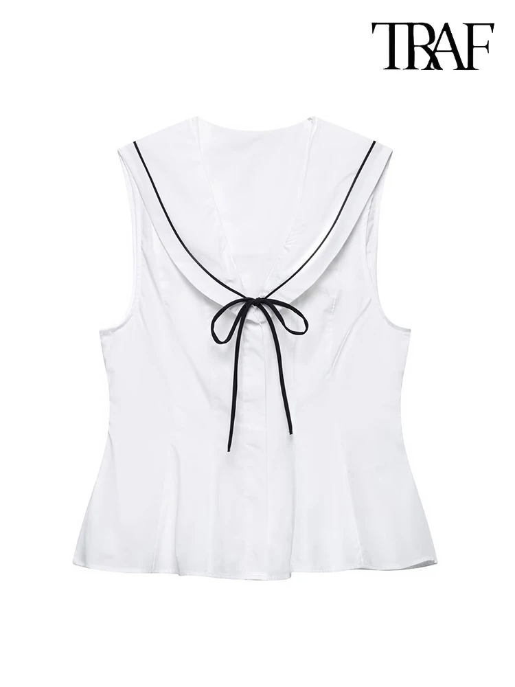 TRAF Damenmode Einfache schicke Bogen dekorative solide Farbe V-Ausschnitt ärmellose Popeline Bluse Frühling und Sommer in Europa und den Vereinigten Staaten neue lässige vielseitige Damen-Shirt