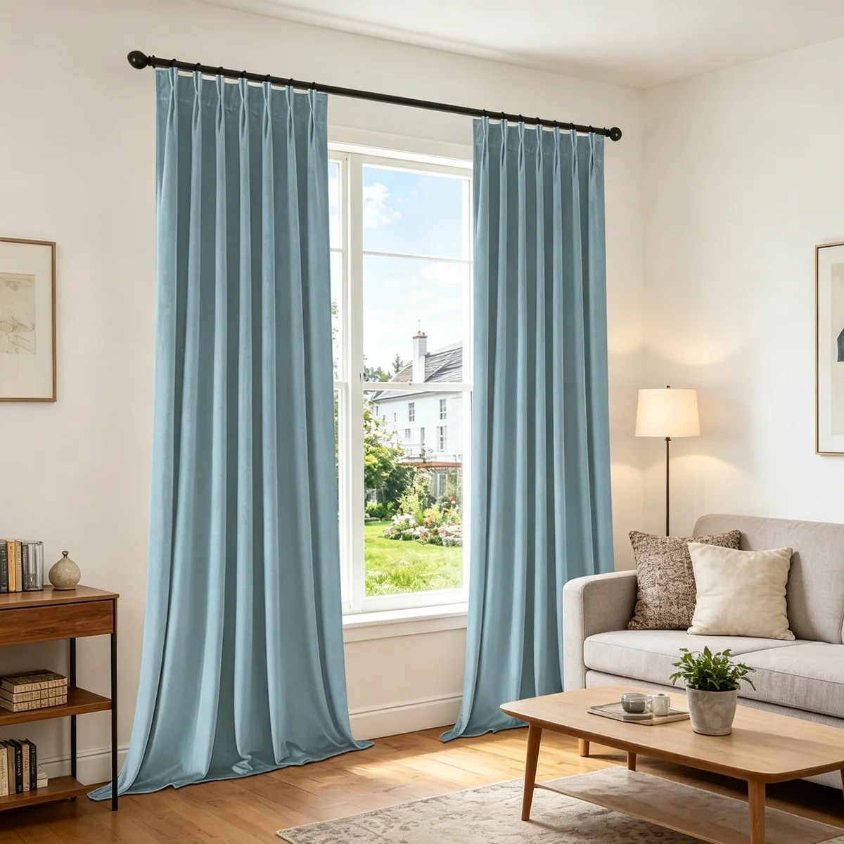 Dusty Blue Velvet Pinch Pleat Curtains, Soft Textured Drapes for Bedroom Living Room Cottage Decor