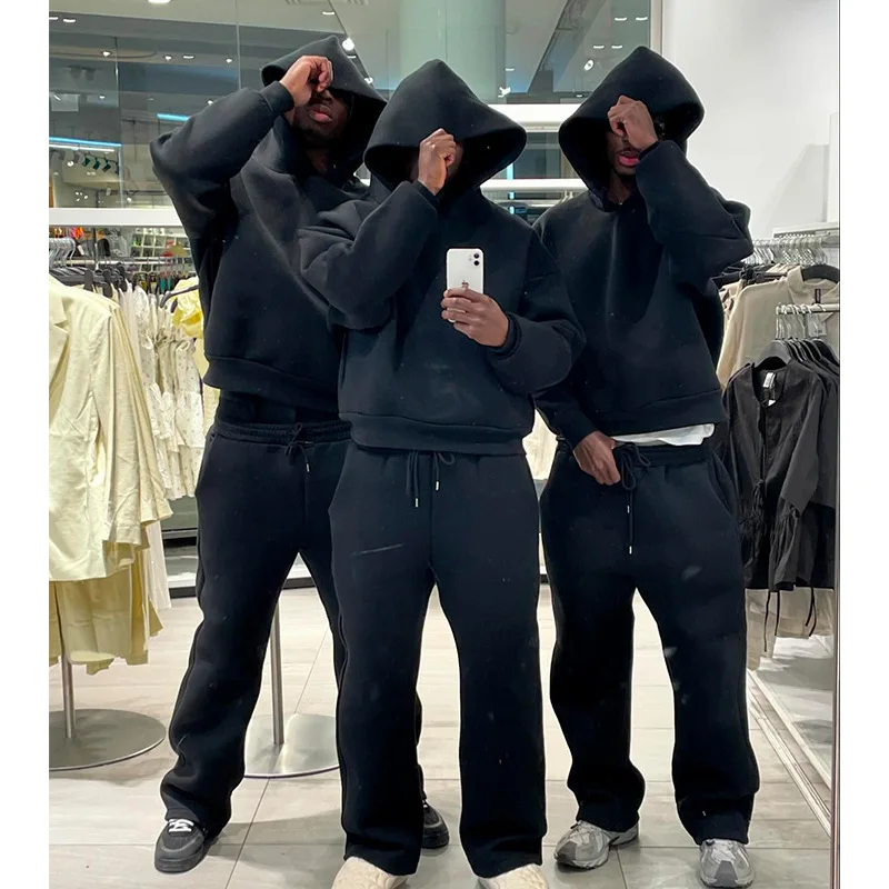 

Fashion Solid Men's Tracksuits Hooded Pullover and Wide Leg Trousers 2 Piece Set Autumn Casual Loose Hoodies Pocket Pants Suits