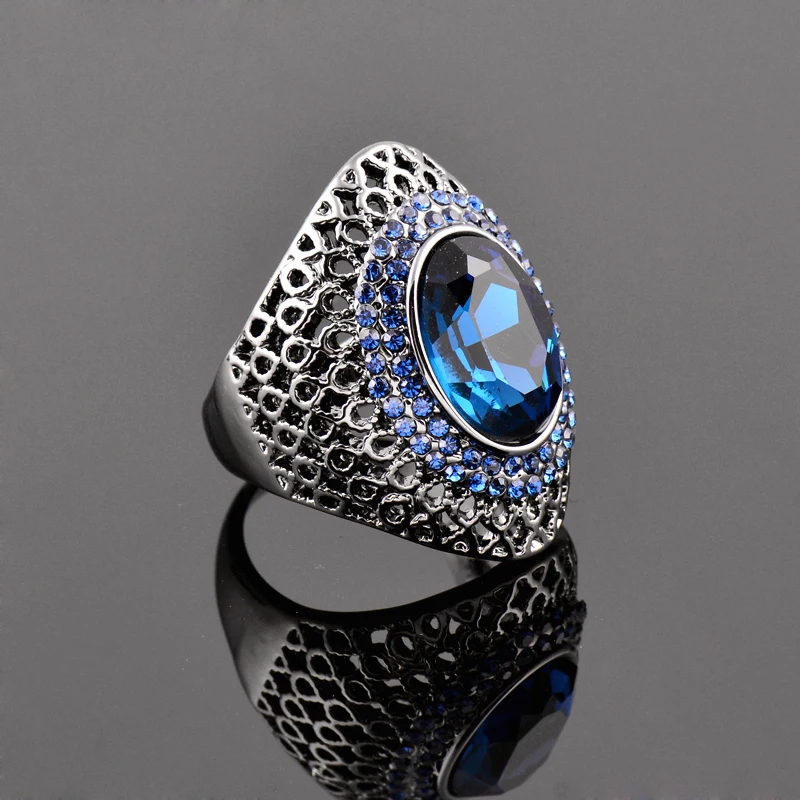 SINLEERY Luxury Vintage Blue Cubic Zircon Hollow Big Rings For Women Wedding Engagement Birthday Gift Black Gun Color JZ529