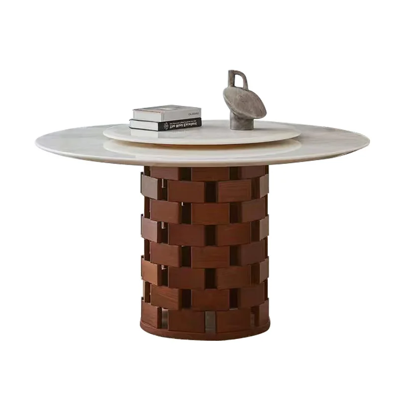 Tavolo da pranzo medievale in legno massello con lastra di roccia travertino, tavolo rotondo in marmo