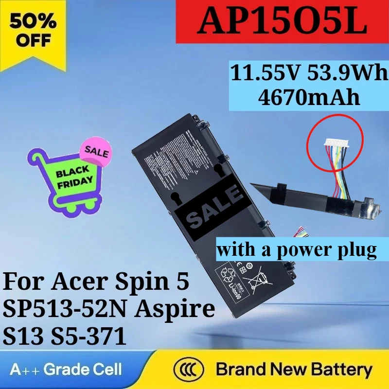 

11.55V 53.9Wh Battery for Acer AP15O5L Spin 5 SP513-52N Aspire S13 S5-371 CB5-312T SWIFT 1 SF114 SF515 SF514 TRITON 700 4670mAh