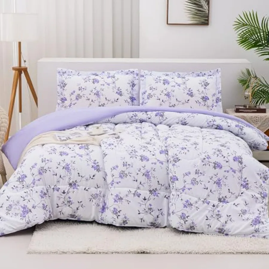 

Floral Size Comforter Sets, Lightweight Purple Lavender Botanical Printed Bedding for All Seasons, 3-Piece Vintage Bed in a Bag