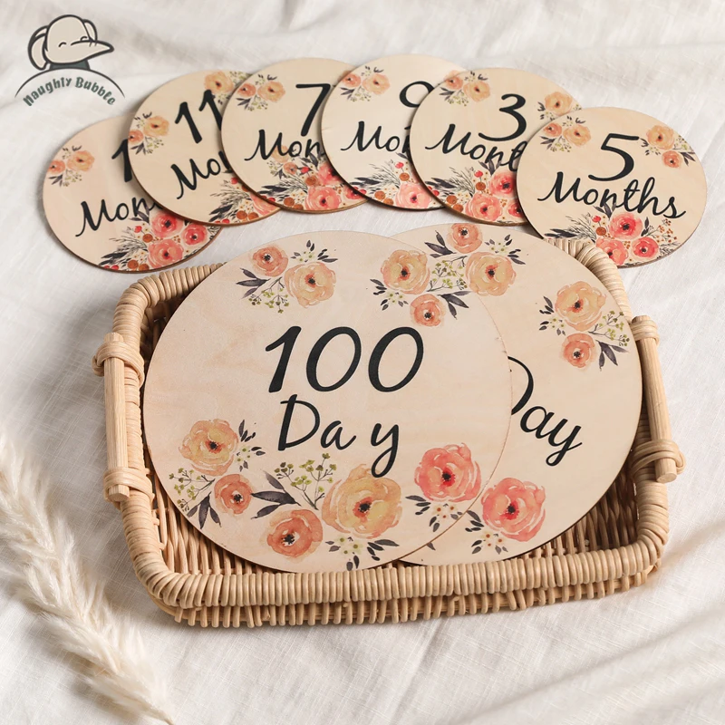 

Baby Wooden Flower Milestone Newborn Birth Month Cards Birthday Gift Toddler Wooden Safe Teether Baby Kids Photography Props Toy