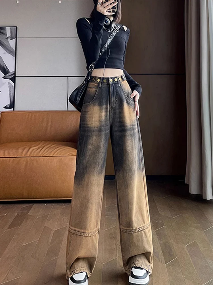 

Gradient Color Washed Jeans Women's American Retro Side Split Straight Denim Pants Vintage Fashion High Waist Wide Leg Trousers